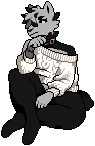 A pixel art image of Ens sitting cross legged, they're resting their chin on their hand.